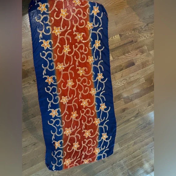 Floral Embroidered Scarf in Red and Blue Large 69”x 33” - Picture 5 of 13